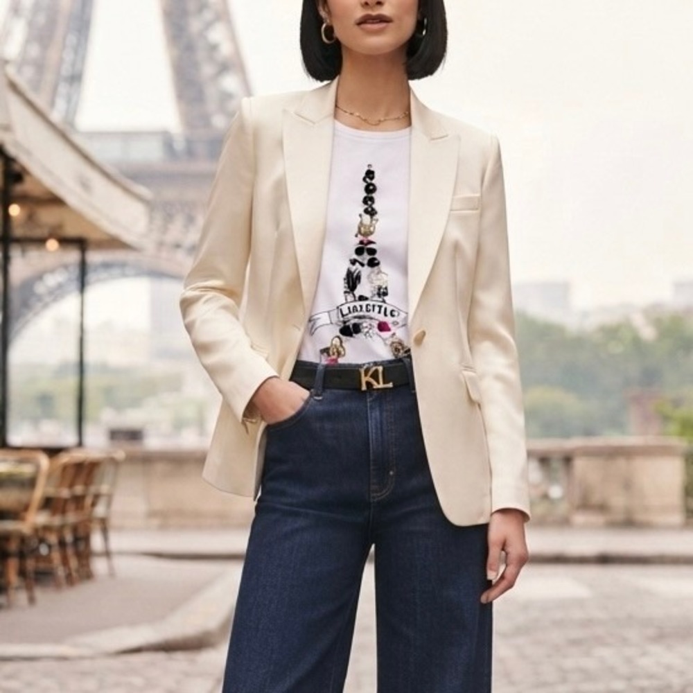 NWOT Karl Lagerfeld Paris Applique Eiffel Tower Graphic TShirt White Women Large